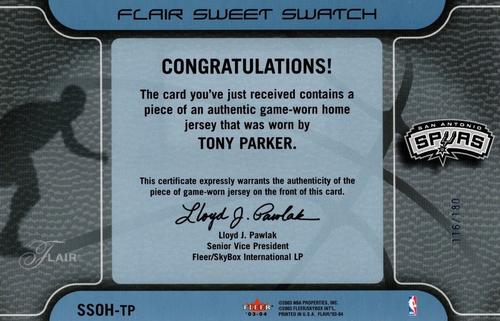 2003-04 Flair - Sweet Swatch Jumbos Home #SSOH-TP Tony Parker Back