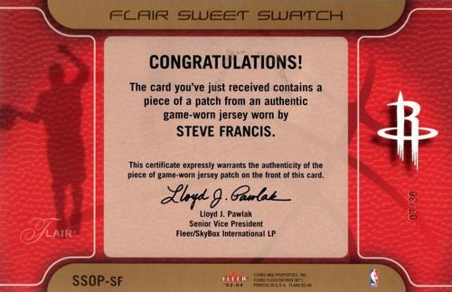 2003-04 Flair - Sweet Swatch Jumbos Patches #SSOP-SF Steve Francis Back