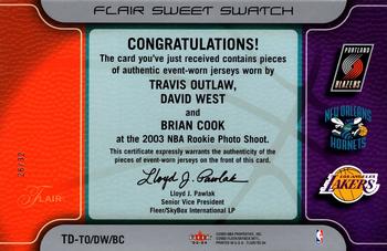 2003-04 Flair - Sweet Swatch Jumbos Triple-Double Edition #TD-TO/DW/BC Travis Outlaw / David West / Brian Cook Back
