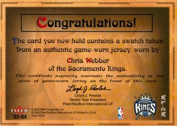 2003-04 Flair - World Leaders Game Used #WL-CW Chris Webber Back