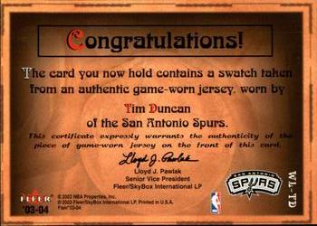 2003-04 Flair - World Leaders Game Used #WL-TD Tim Duncan Back