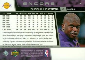 1998-99 Upper Deck Encore #40 Shaquille O'Neal Back