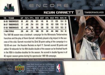 1998-99 Upper Deck Encore #51 Kevin Garnett Back