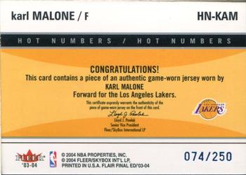 2003-04 Flair Final Edition - Hot Numbers Jerseys (250) #HN-KAM Karl Malone Back