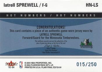 2003-04 Flair Final Edition - Hot Numbers Jerseys (250) #HN-LS Latrell Sprewell Back
