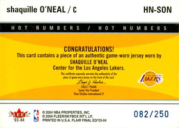 2003-04 Flair Final Edition - Hot Numbers Jerseys (250) #HN-SON Shaquille O'Neal Back