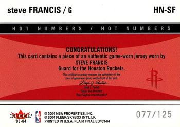2003-04 Flair Final Edition - Hot Numbers Jerseys (125) #HN-SF Steve Francis Back