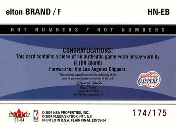 2003-04 Flair Final Edition - Hot Numbers Jerseys (175) #HN-EB Elton Brand Back
