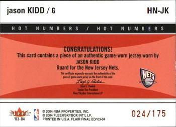 2003-04 Flair Final Edition - Hot Numbers Jerseys (175) #HN-JK Jason Kidd Back
