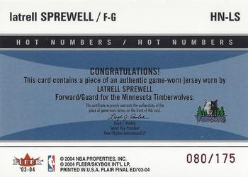 2003-04 Flair Final Edition - Hot Numbers Jerseys (175) #HN-LS Latrell Sprewell Back