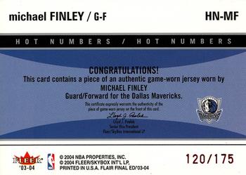 2003-04 Flair Final Edition - Hot Numbers Jerseys (175) #HN-MF Michael Finley Back