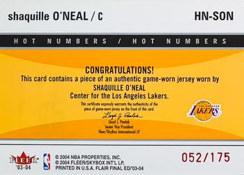 2003-04 Flair Final Edition - Hot Numbers Jerseys (175) #HN-SON Shaquille O'Neal Back