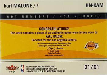 2003-04 Flair Final Edition - Hot Numbers Patches 1 #KAM Karl Malone Back