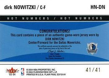 2003-04 Flair Final Edition - Hot Numbers Patches Gold #HN-DN Dirk Nowitzki Back