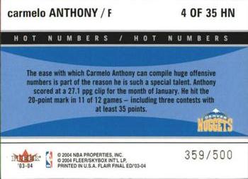 2003-04 Flair Final Edition - Hot Numbers Retail #4 Carmelo Anthony Back
