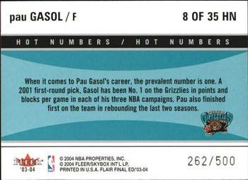 2003-04 Flair Final Edition - Hot Numbers Retail #8 Pau Gasol Back