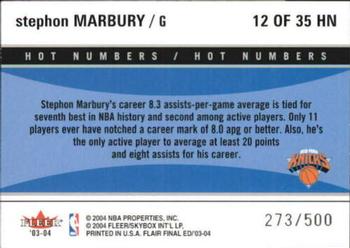 2003-04 Flair Final Edition - Hot Numbers Retail #12 Stephon Marbury Back
