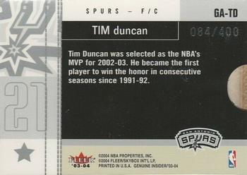 2003-04 Fleer Genuine Insider - Genuine Article Insider #GA-TD Tim Duncan Back