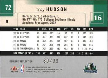 2003-04 Fleer Genuine Insider - Genuine Reflection #72 Troy Hudson Back