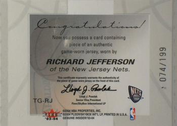 2003-04 Fleer Genuine Insider - Tools of the Game: Game Worn #TG-RJ Richard Jefferson Back