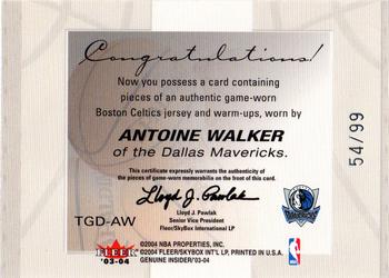 2003-04 Fleer Genuine Insider - Tools of the Game: Game Worn Dual #TGD-AW Antoine Walker Back