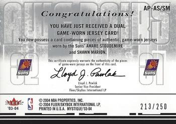 2003-04 Fleer Mystique - Awe Pairs Dual Jerseys (250) #AP-SM/AS Shawn Marion / Amare Stoudemire Back