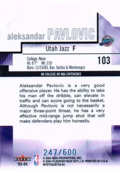 2003-04 Fleer Mystique - Rookie Die Cut #103 Aleksandar Pavlovic Back