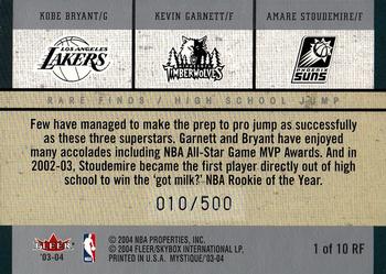 2003-04 Fleer Mystique - Rare Finds #1 RF Kobe Bryant / Kevin Garnett / Amare Stoudemire Back