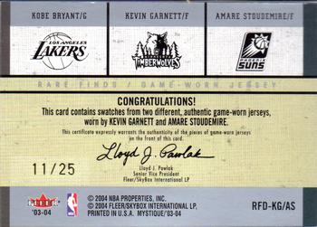 2003-04 Fleer Mystique - Rare Finds Jerseys Dual (25) #RFD-KG/AS Kobe Bryant / Kevin Garnett / Amare Stoudemire Back