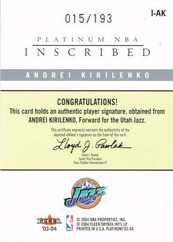 2003-04 Fleer Platinum - Inscribed #I-AK Andrei Kirilenko Back