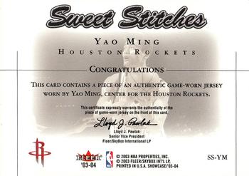 2003-04 Fleer Showcase - Sweet Stitch Game-Used #SS-YM Yao Ming Back