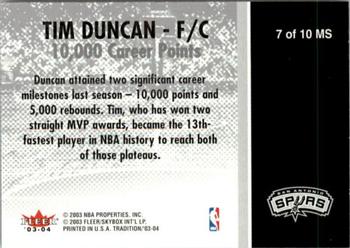 2003-04 Fleer Tradition - Milestones #7 MS Tim Duncan Back