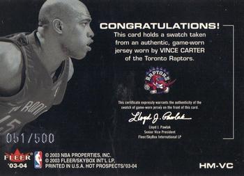 2003-04 Hoops Hot Prospects - Hot Materials #HM-VC Vince Carter Back
