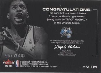 2003-04 Hoops Hot Prospects - Hot Materials #HM-TM Tracy McGrady Back