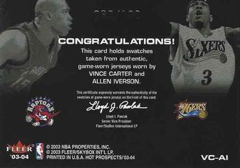 2003-04 Hoops Hot Prospects - Hot Tandems #VC-AI Vince Carter / Allen Iverson Back