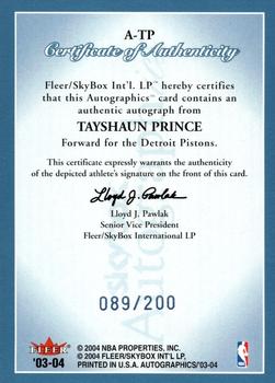 2003-04 SkyBox Autographics - Autographs #A-TP Tayshaun Prince Back