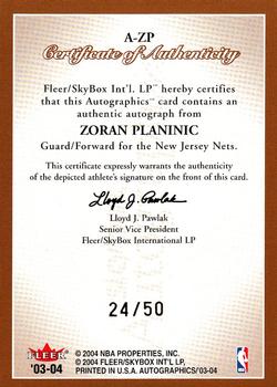 2003-04 SkyBox Autographics - Autographs Gold #A-ZP Zoran Planinic Back
