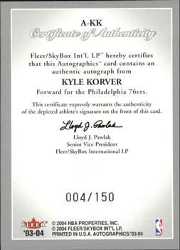 2003-04 SkyBox Autographics - Autographs Silver #A-KK Kyle Korver Back