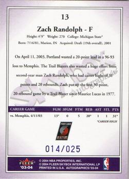 2003-04 SkyBox Autographics - Insignia Purple #13 Zach Randolph Back