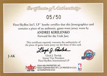 2003-04 SkyBox Autographics - Jerseygraphics Gold #J-AK Andrei Kirilenko Back