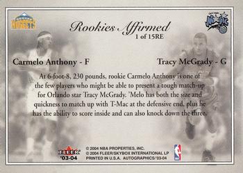 2003-04 SkyBox Autographics - Rookies Affirmed #1RE Carmelo Anthony / Tracy McGrady Back