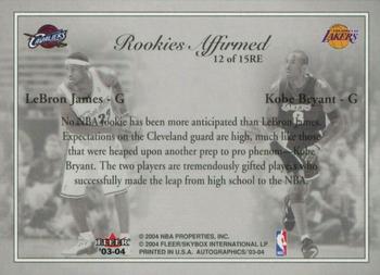 2003-04 SkyBox Autographics - Rookies Affirmed #12RE Lebron James / Kobe Bryant Back
