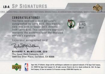 2003-04 SP Authentic - Signatures #LB-A Larry Bird Back