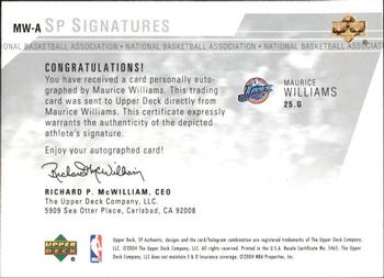 2003-04 SP Authentic - Signatures #MW-A Maurice Williams Back