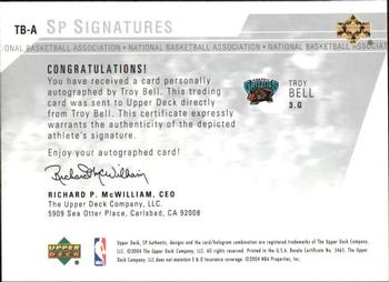 2003-04 SP Authentic - Signatures #TB-A Troy Bell Back