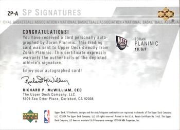 2003-04 SP Authentic - Signatures #ZP-A Zoran Planinic Back