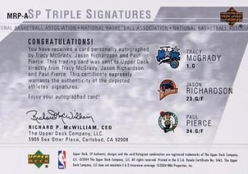 2003-04 SP Authentic - Signatures Triple #MRP-A Tracy McGrady / Jason Richardson / Paul Pierce Back