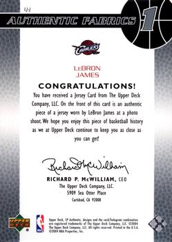 2003-04 SP Authentic - SPGU Rookie Authentic Fabrics #LJ-J LeBron James Back