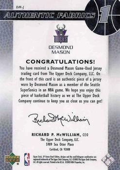 2003-04 SP Game Used - Authentic Fabrics #DM-J Desmond Mason Back