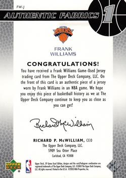 2003-04 SP Game Used - Authentic Fabrics #FW-J Frank Williams Back